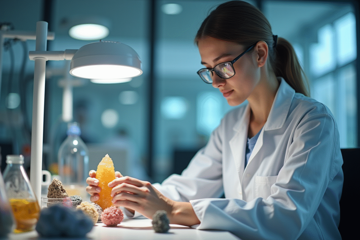 Jeune professionnelle examinant des minéraux dans un laboratoire
