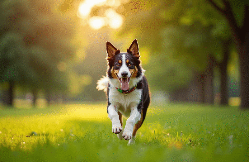 Chien border collie et australian shepherd courant dans un parc