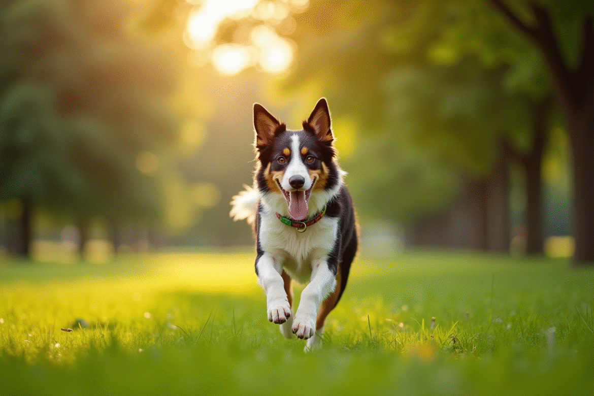 Chien border collie et australian shepherd courant dans un parc