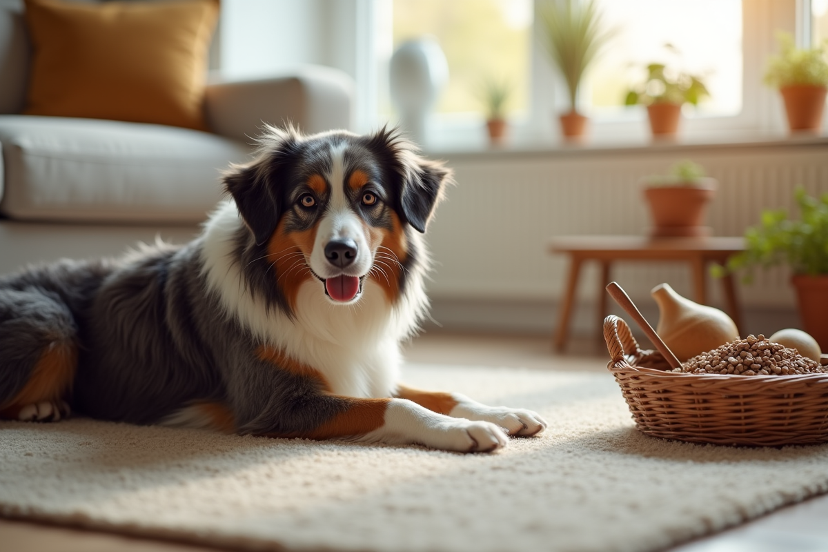 Chien border collie et australian shepherd reposant à la maison