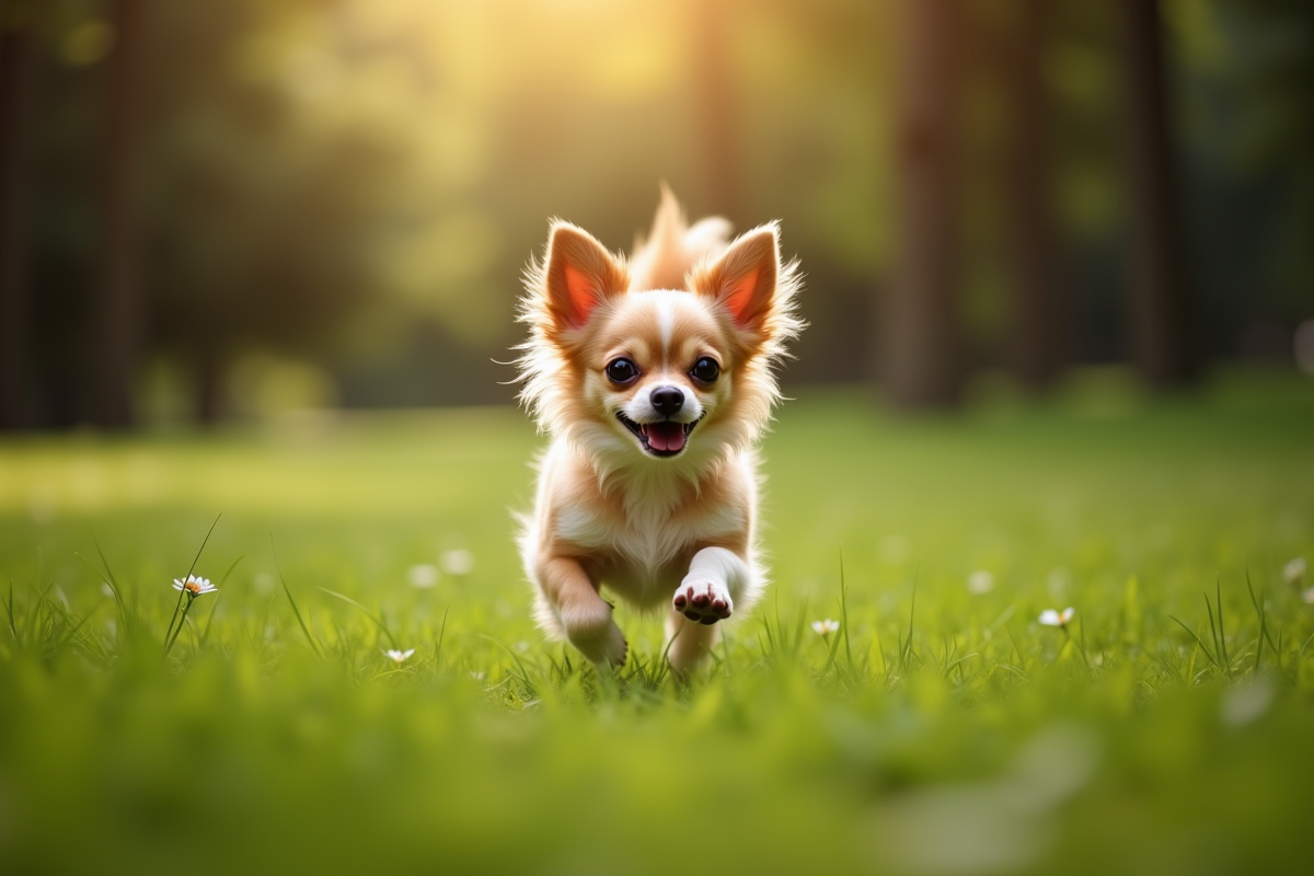 Chihuahua à poil long courant dans un parc vert en pleine nature