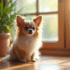 Chihuahua à poil long assis sur un sol en bois ensoleillé