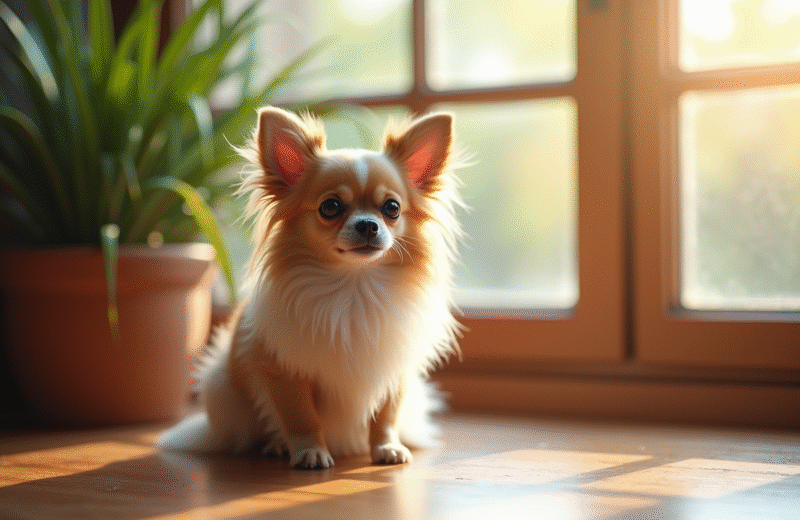 Chihuahua à poil long assis sur un sol en bois ensoleillé