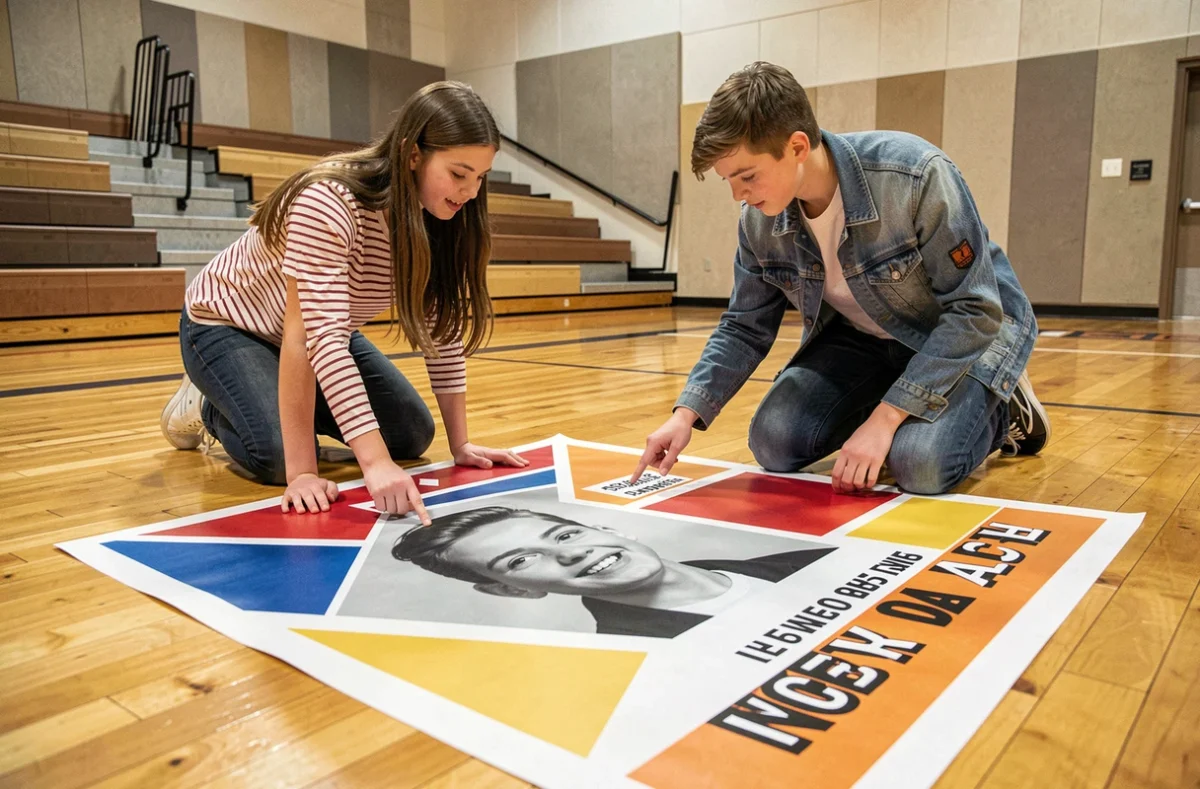 Deux élèves collaborant sur une grande affiche de campagne pour les élections de délégué de classe dans un gymnase scolaire