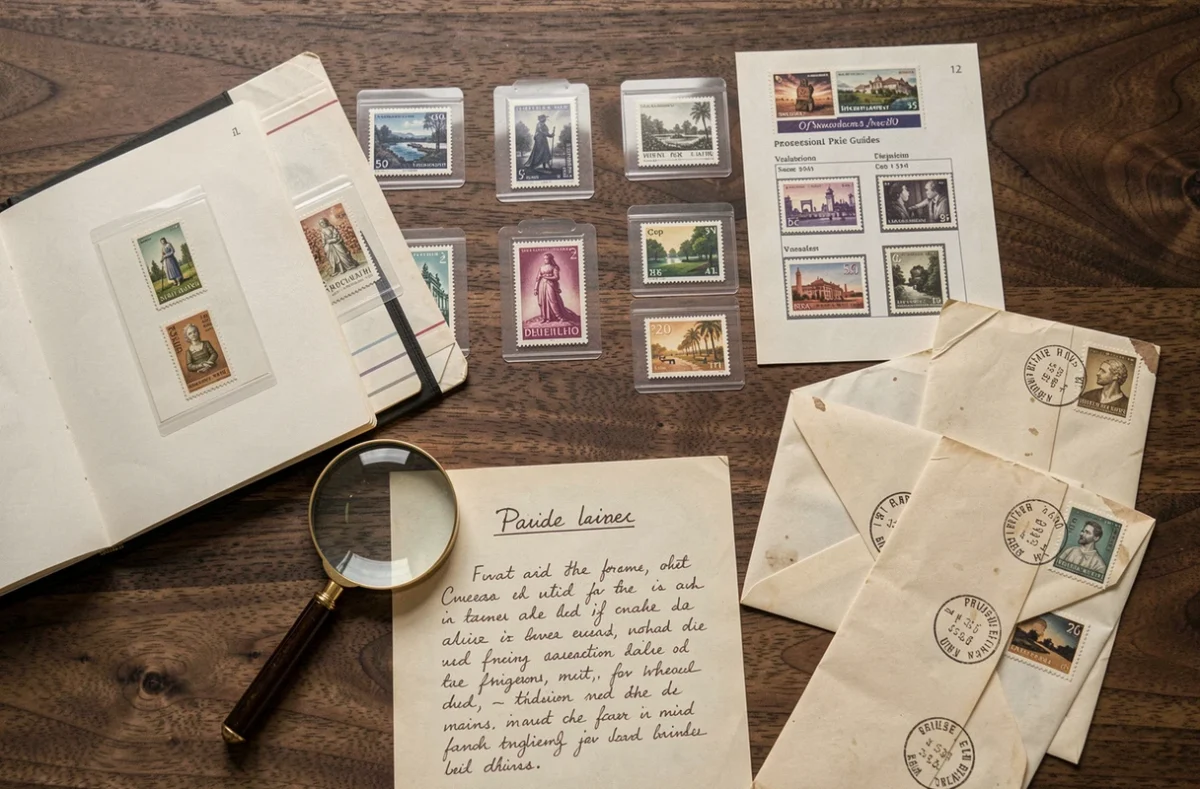 Vue aérienne d'une collection de timbres rares avec catalogue d'évaluation et loupe sur table en bois