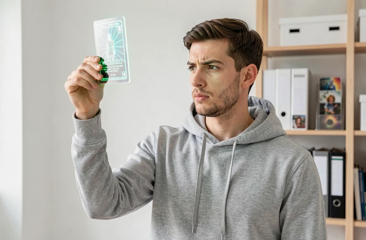 Jeune collectionneur examinant une carte Celebi Star holographique dans un appartement minimaliste