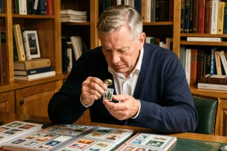 Collectionneur de timbres examinant une pièce rare avec une loupe dans son bureau philatélique