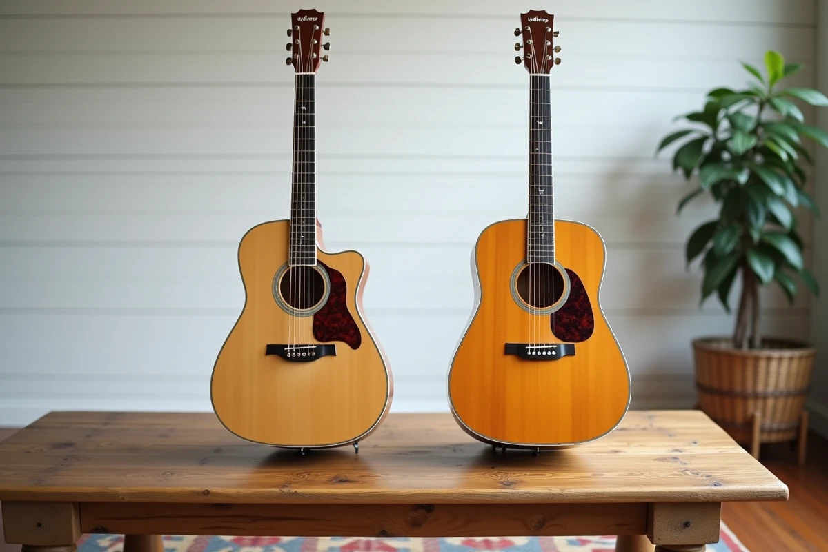 Comparaison de deux guitares acoustiques Atlantic côte à côte sur une table en chêne pour illustrer les différences de caractéristiques