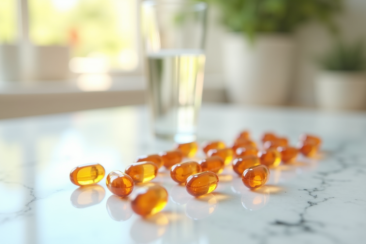 Gros plan sur des compléments de vitamine B12 sur une table en marbre
