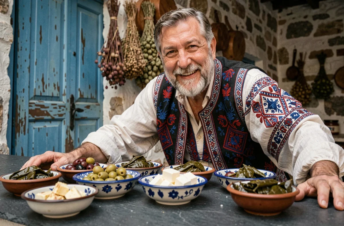 Comptoir de taverne grecque avec mezze en céramiques peintes, serveur en gilet brodé et décor d'authenticité méditerranéenne