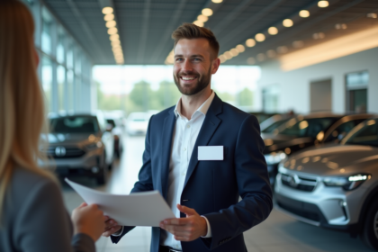 Jeune conseiller automobile souriant dans un showroom moderne