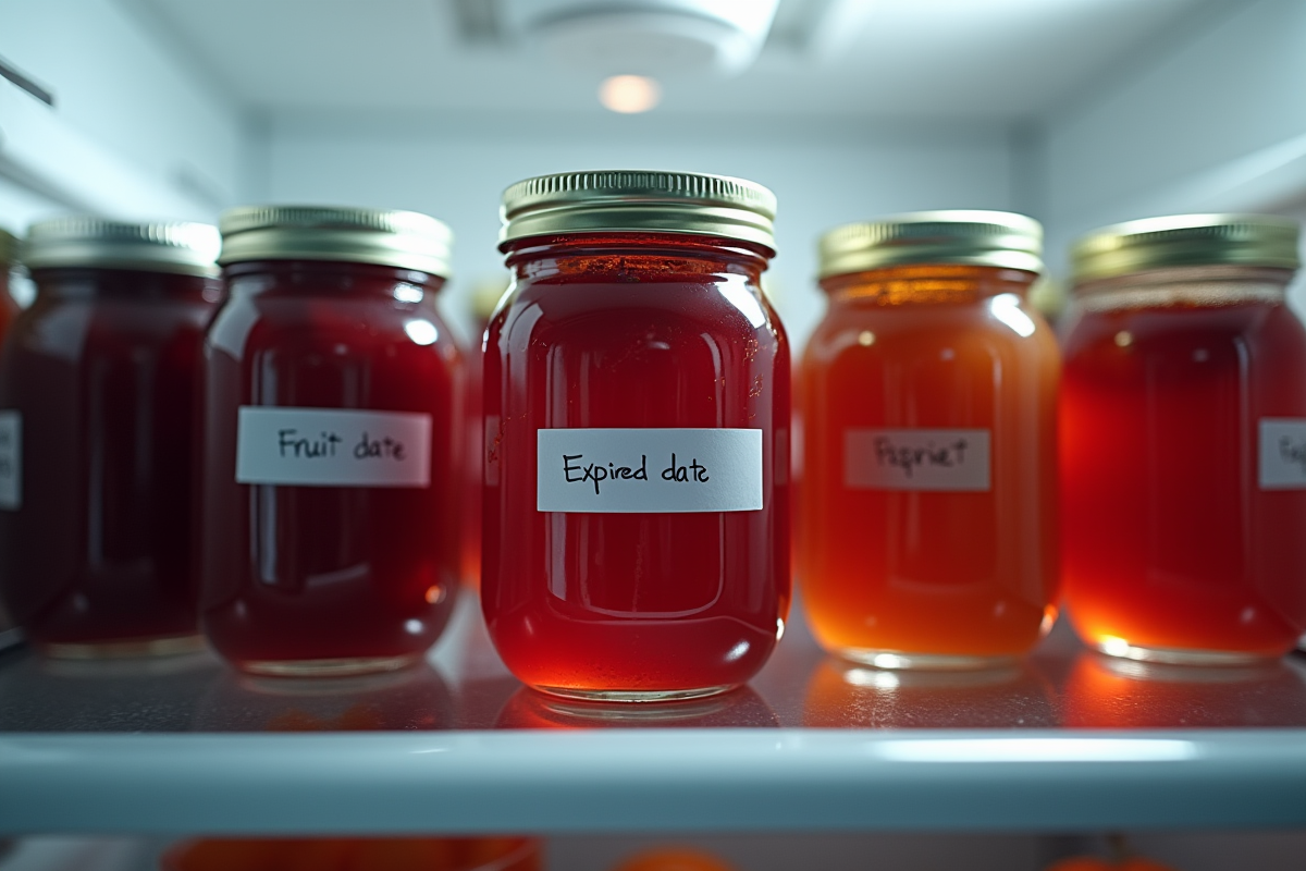 Jars de confitures maison dans le refrigerateur avec date expirée
