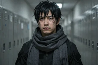 Cosplayer incarnant Aizawa de My Hero Academia en costume noir avec l'écharpe capture-capture dans un couloir scolaire