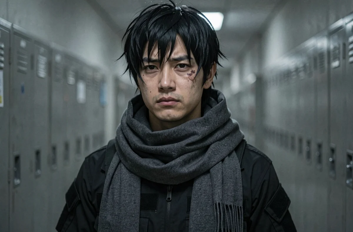 Cosplayer incarnant Aizawa de My Hero Academia en costume noir avec l'écharpe capture-capture dans un couloir scolaire