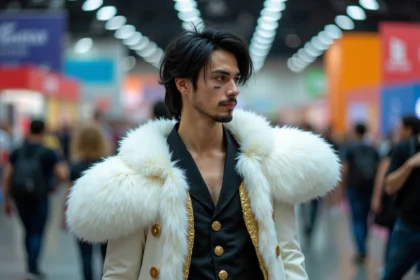 Cosplayer déguisé en Mr. 2 Bon Clay de One Piece lors d'une convention manga avec costume détaillé et maquillage théâtral