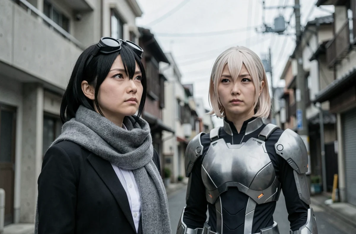 Deux cosplayers de My Hero Academia représentant des personnages de l'Académie dans un décor urbain japonais