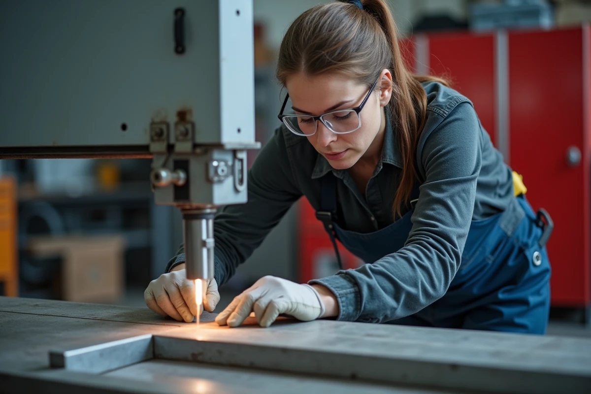 Technicienne coupant un tube carré en aluminium à la scie à ruban en atelier de fabrication métallique