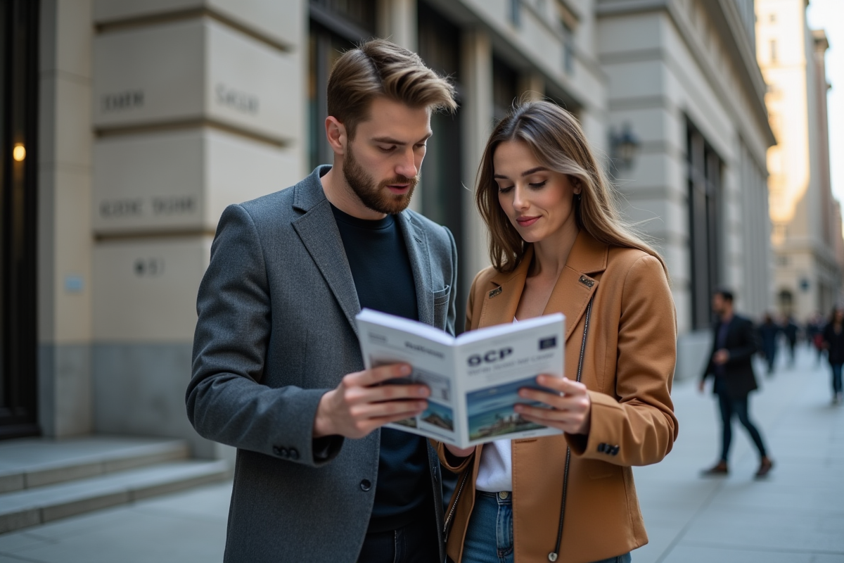 Jeune couple regardant une brochure d