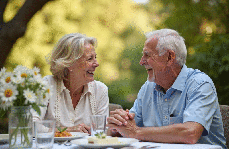 Couple agee main dans la main souriant en plein air