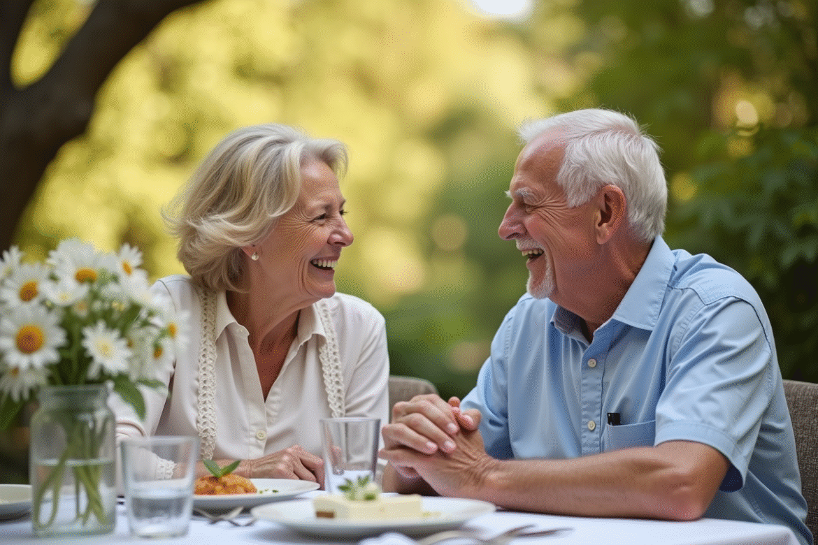 Couple agee main dans la main souriant en plein air