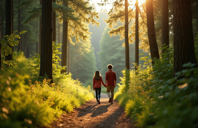 Jeune couple marchant dans la forêt vosgienne ensoleillée
