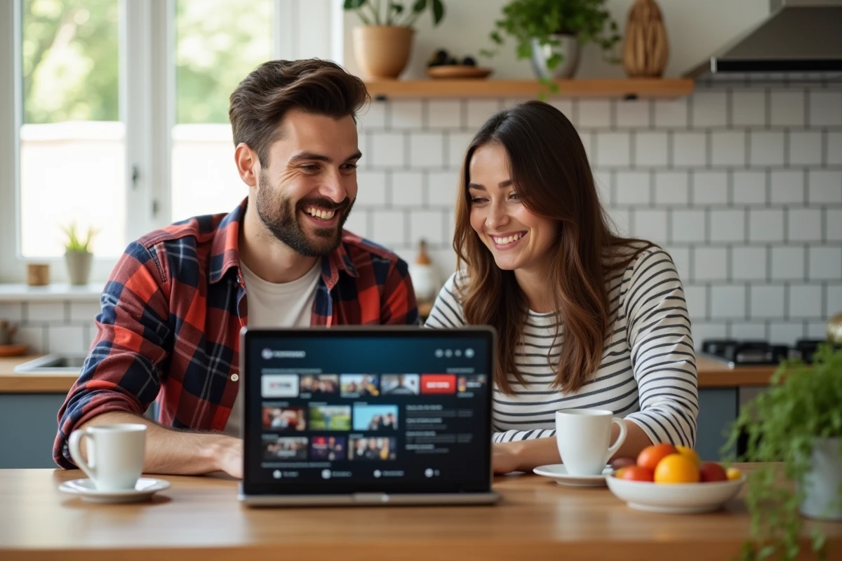 Couple assis à une table de cuisine consultant un ordinateur portable pour choisir un programme de streaming en remplacement des rediffusions télévisées de l'après-midi