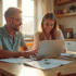 Couple souriant planifiant vacances dans une cuisine ensoleillee