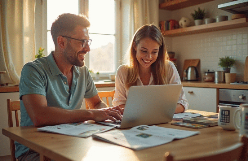 Couple souriant planifiant vacances dans une cuisine ensoleillee