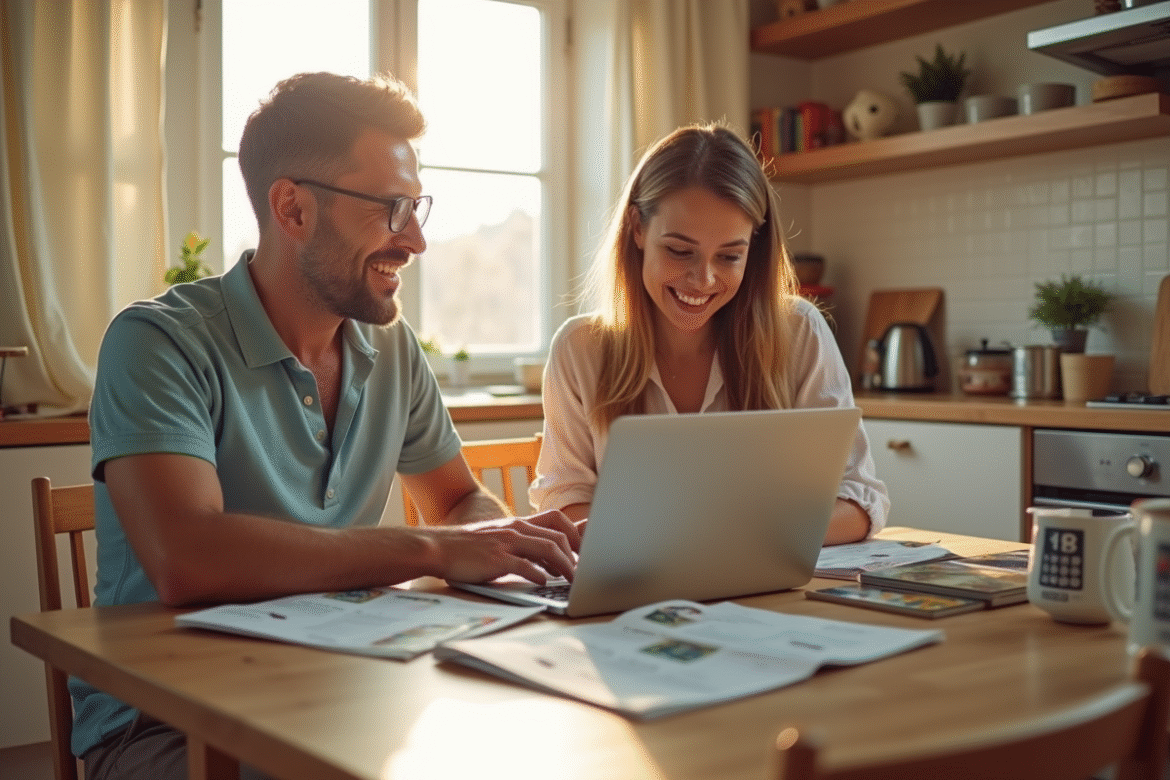 Couple souriant planifiant vacances dans une cuisine ensoleillee