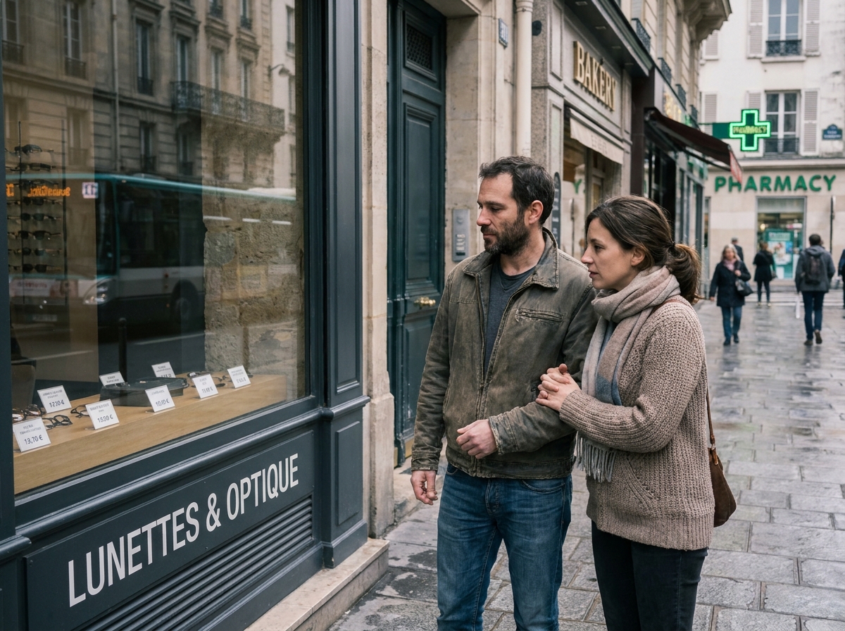 Couple regardant la vitrine d'un opticien en ville, hésitant face aux prix des lunettes en 2026