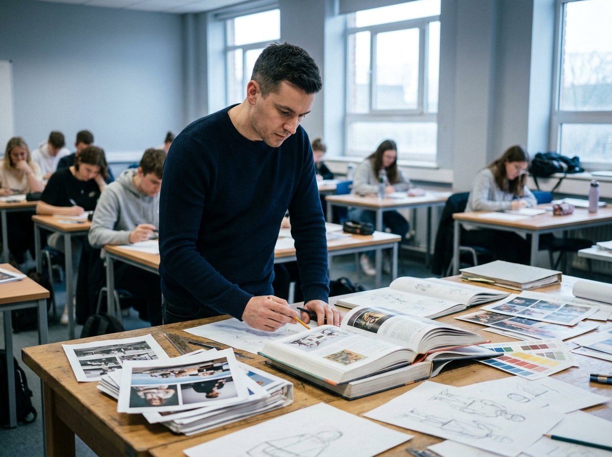 Étudiant en formation de dessinateur-illustrateur travaillant sur des projets professionnels en cours collectif