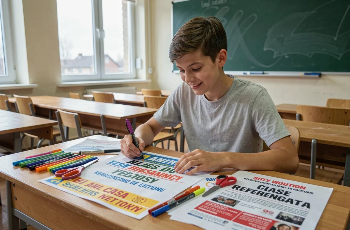 Adolescent créant une affiche élection délégué de classe avec des marqueurs et des feuilles de papier colorées