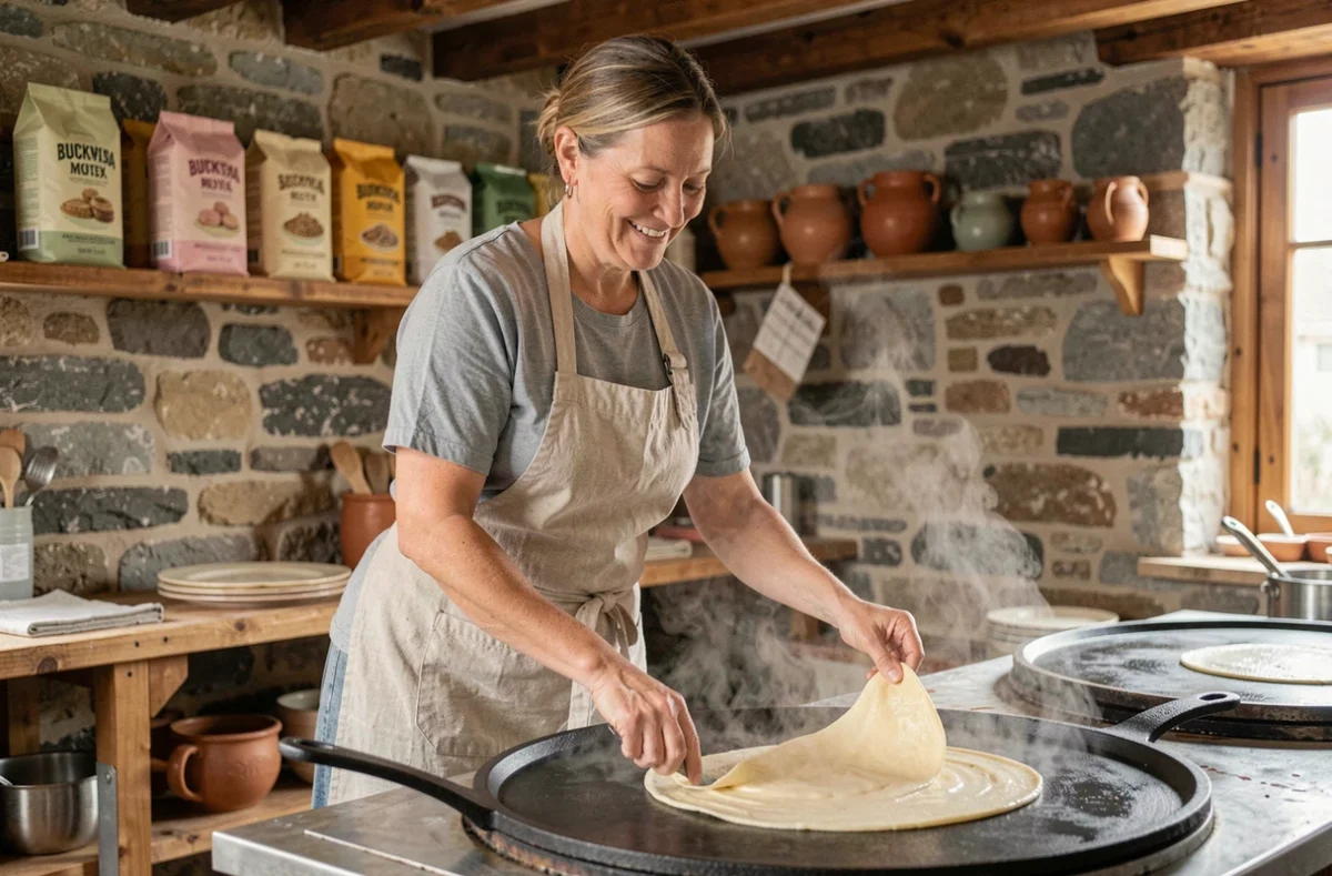 Crêpière bretonne préparant des galettes sur un billig en fonte dans une crêperie traditionnelle de Concarneau