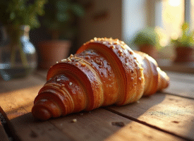 Croissant au chocolat frais sur table en bois