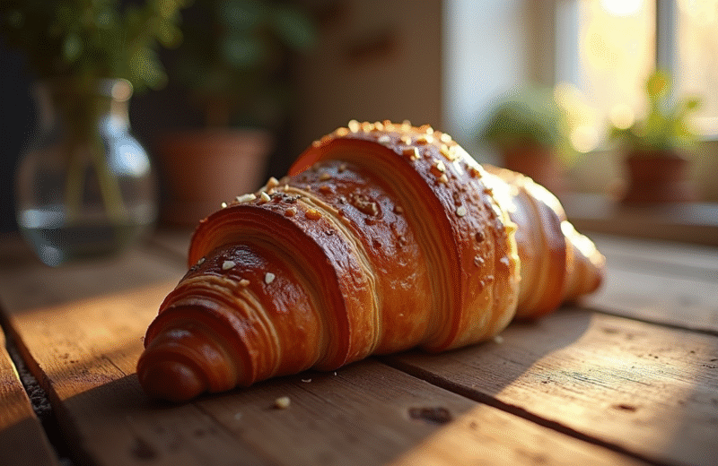 Croissant au chocolat frais sur table en bois