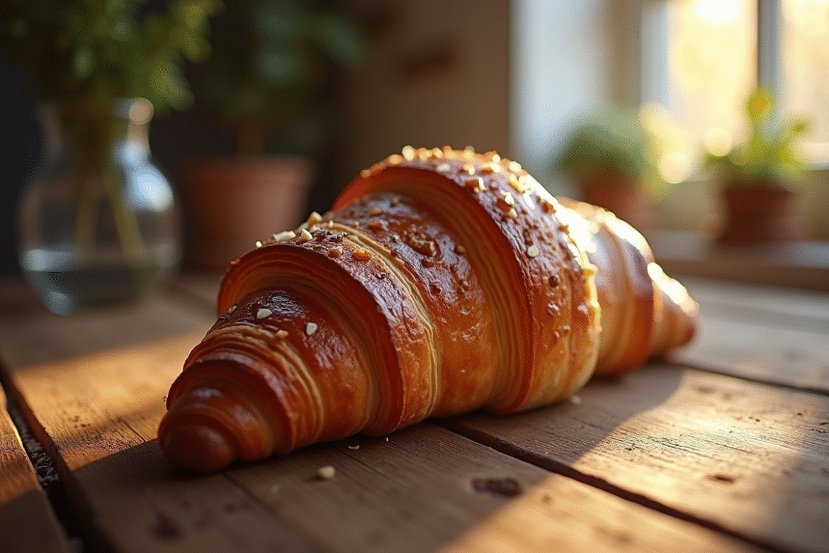 Croissant au chocolat frais sur table en bois