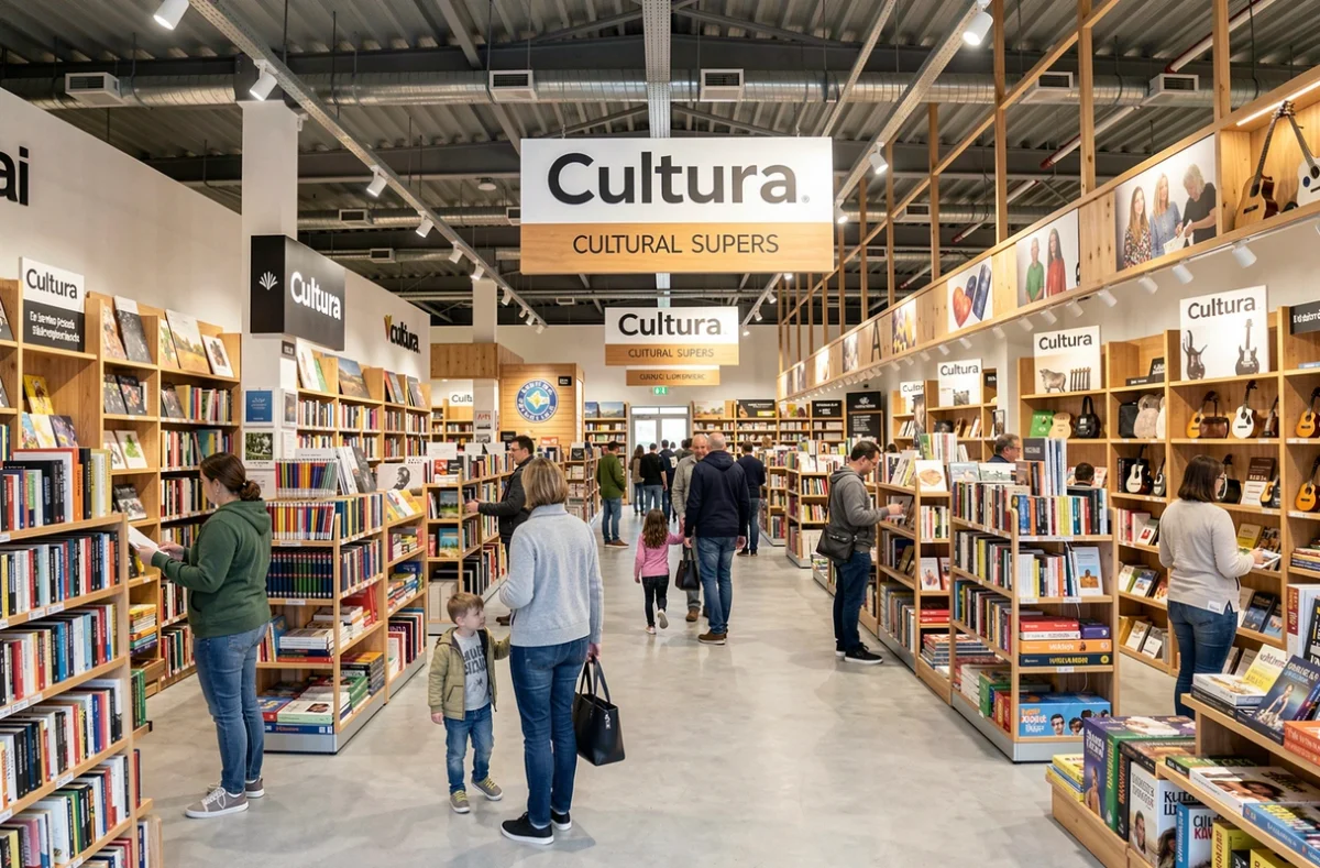 Intérieur spacieux d'un magasin Cultura dans le Pas-de-Calais avec ses rayons livres, loisirs créatifs et musique fréquentés par des familles