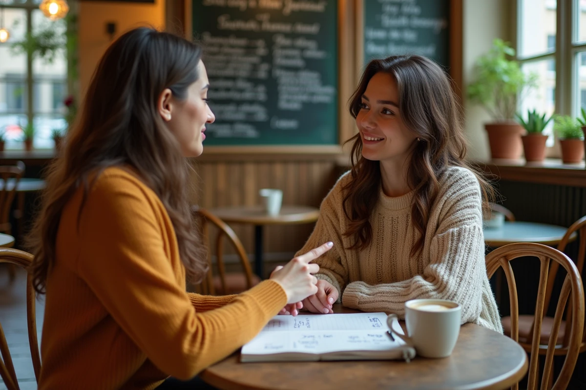 Deux femmes corrigeant ensemble une formule de politesse en français dans un café avec un cahier