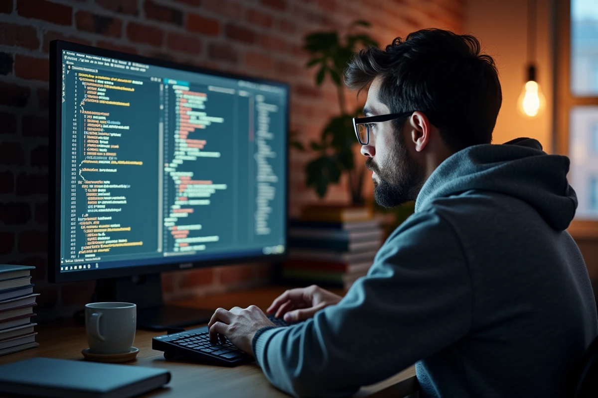 Développeur web analysant des logs de serveur inhabituels liés à un trafic SEO suspect sur son ordinateur