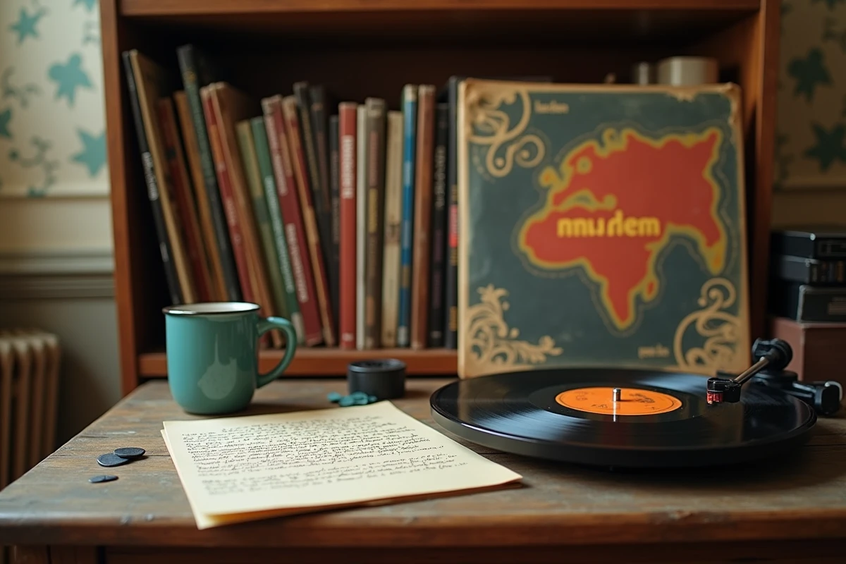 Pochette de disque vinyle vintage avec paroles manuscrites sur un bureau de musicien français