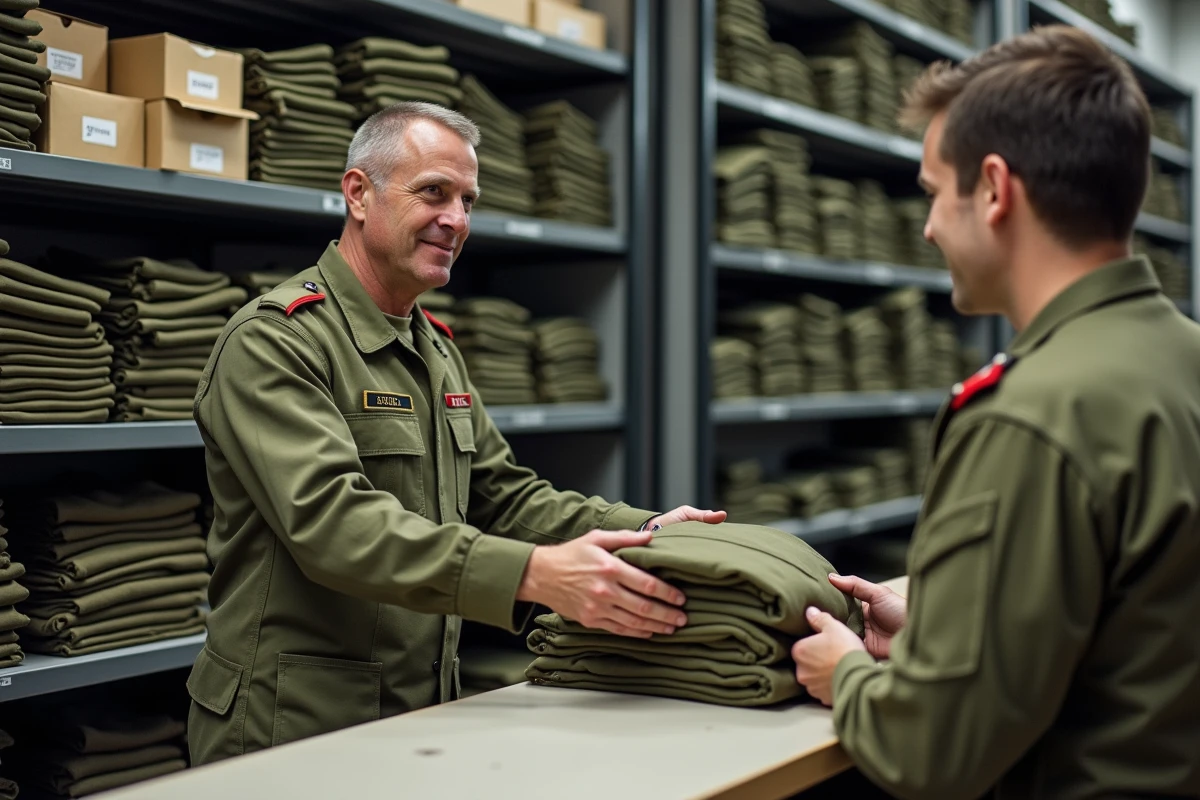 Quartier-maître remettant une veste de campagne à un soldat lors d'une distribution de tenue au magasin d'habillement de la garnison