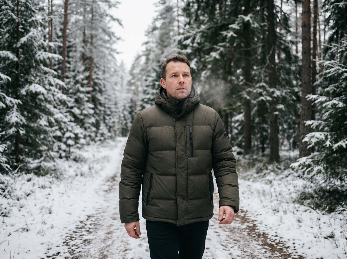 Homme en doudoune kaki marchant dans une forêt enneigée en hiver