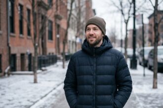 Homme portant une doudoune bleu marine en ville en hiver