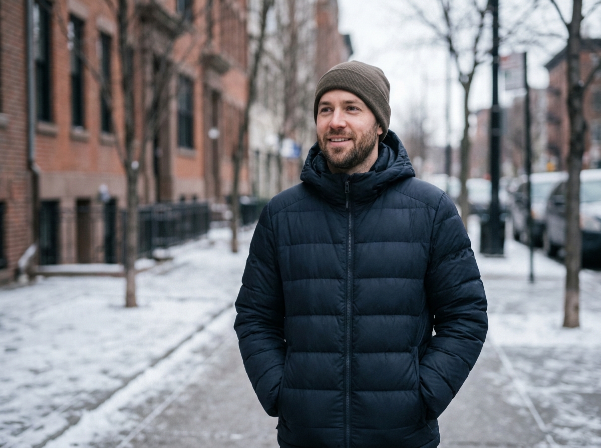 Homme portant une doudoune bleu marine en ville en hiver