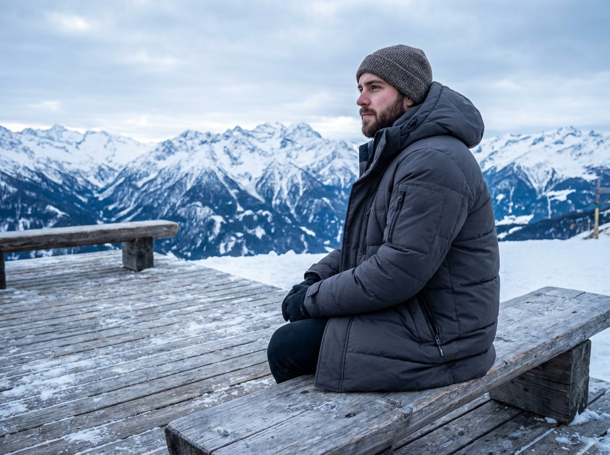 Homme en doudoune longue grise assis sur un banc en montagne l'hiver