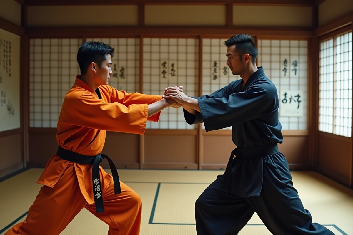 Deux combattants en gi s'affrontent dans un dojo traditionnel japonais, évoquant les duels mémorables de Dragon Ball Z