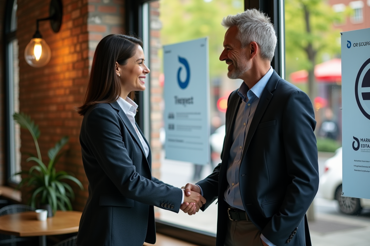 Deux managers se serrant la main dans un café lumineux