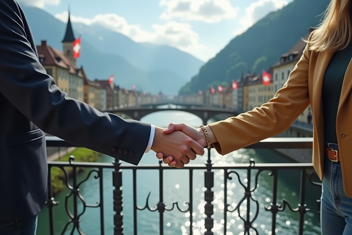 Deux personnes se serrant la main sur un pont avec drapeaux