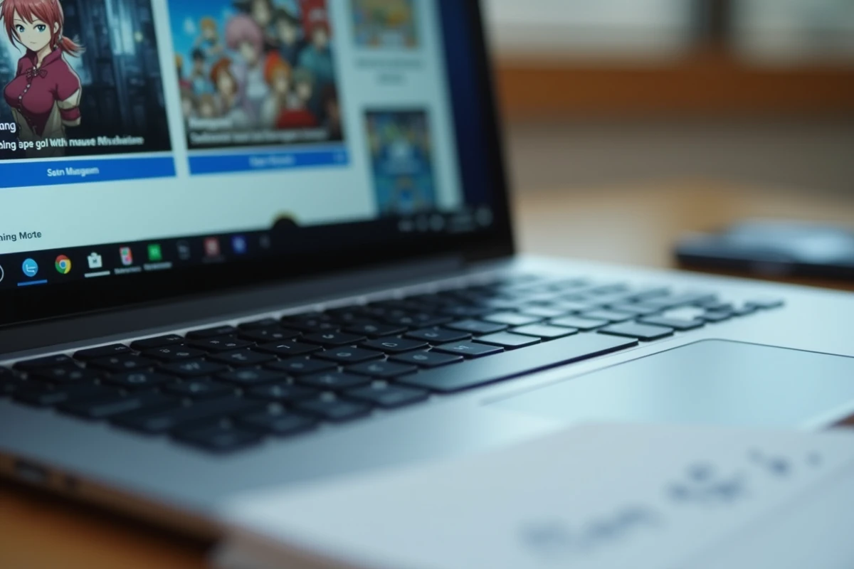 Écran d'ordinateur affichant une interface de site manga avec publicités et menus de navigation