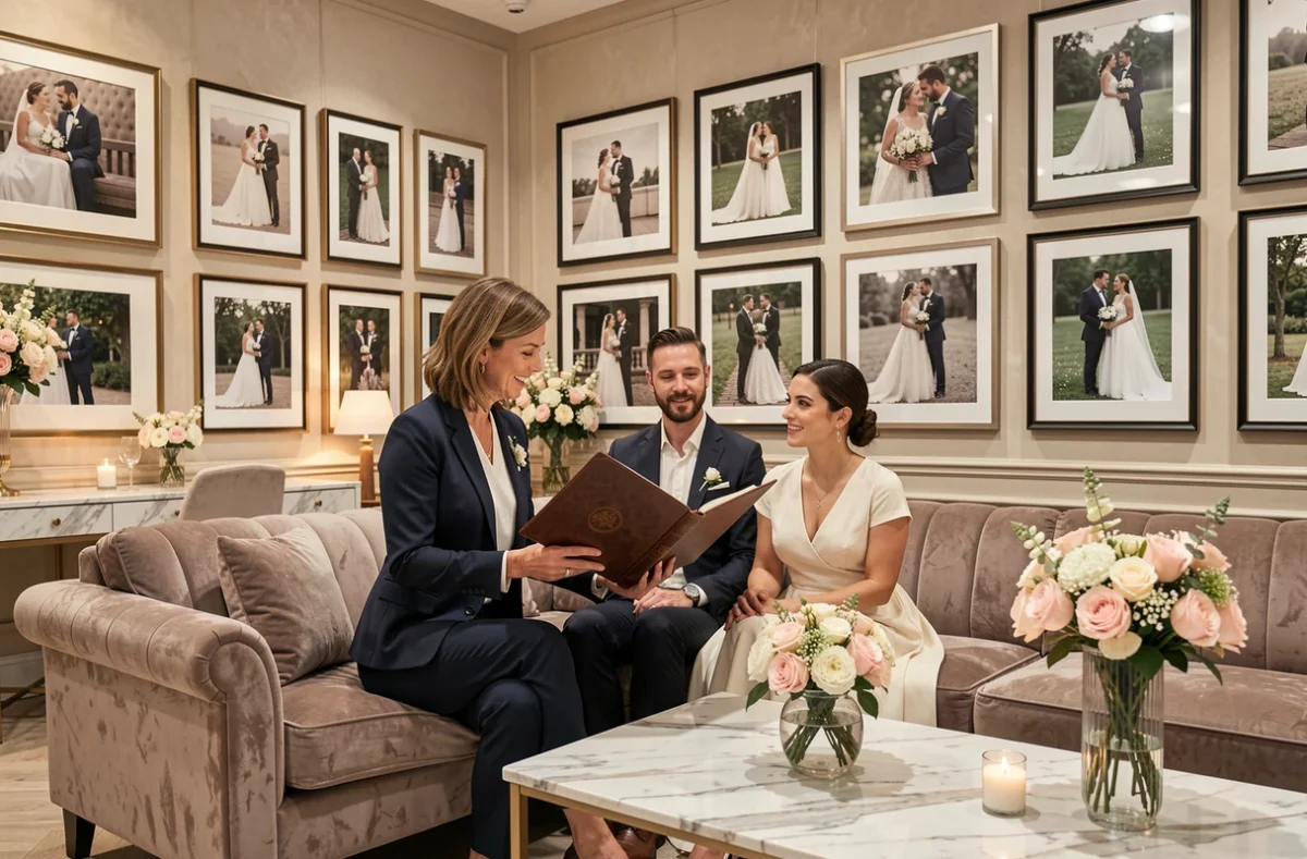 Agence Elite Mariage présentant un album photo haut de gamme à un couple dans un espace de réception luxueux